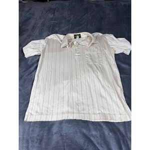 L Vianny Mens Large Polo Shirt Cream Blue Pinstripe Egyptian Cotton Short Sleeve